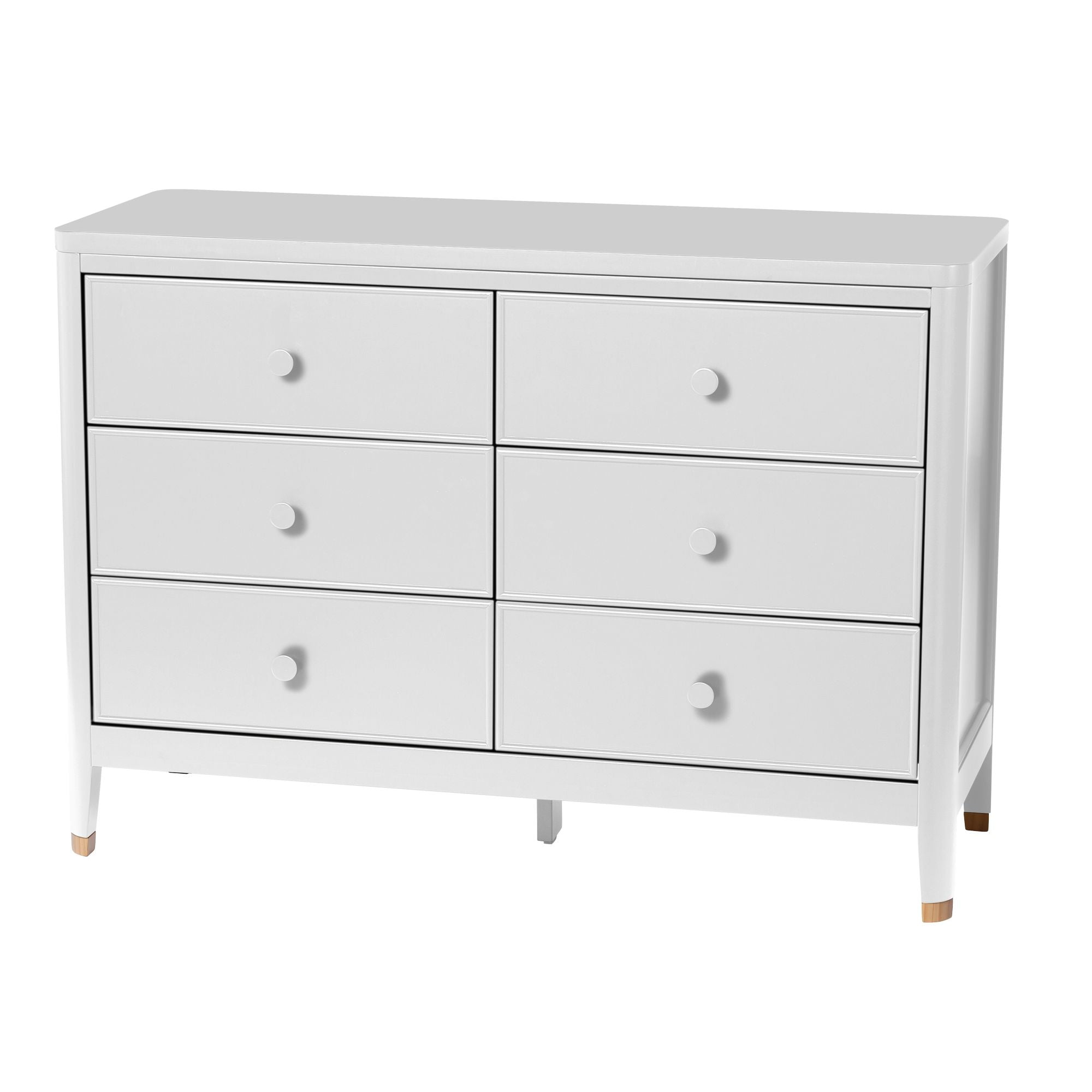 Modern 6-drawer nursery dresser made from solid New Zealand pine, featuring circular wooden knobs, rounded edges, and non-toxic coatings with contrasting wooden tips.