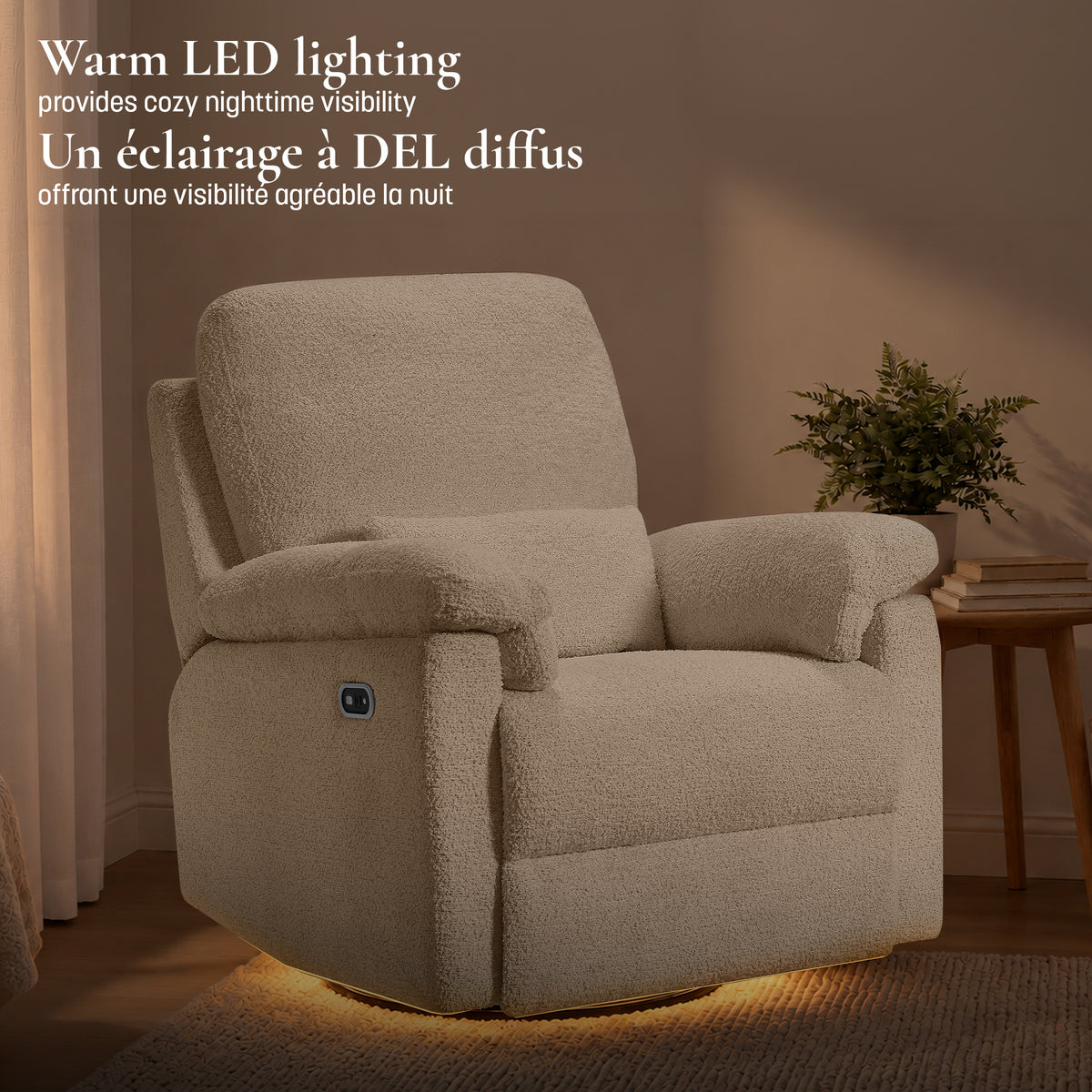 Lifestyle view of the Bellamy recliner in a nursery setting with the warm under-base LED nightlight illuminated.