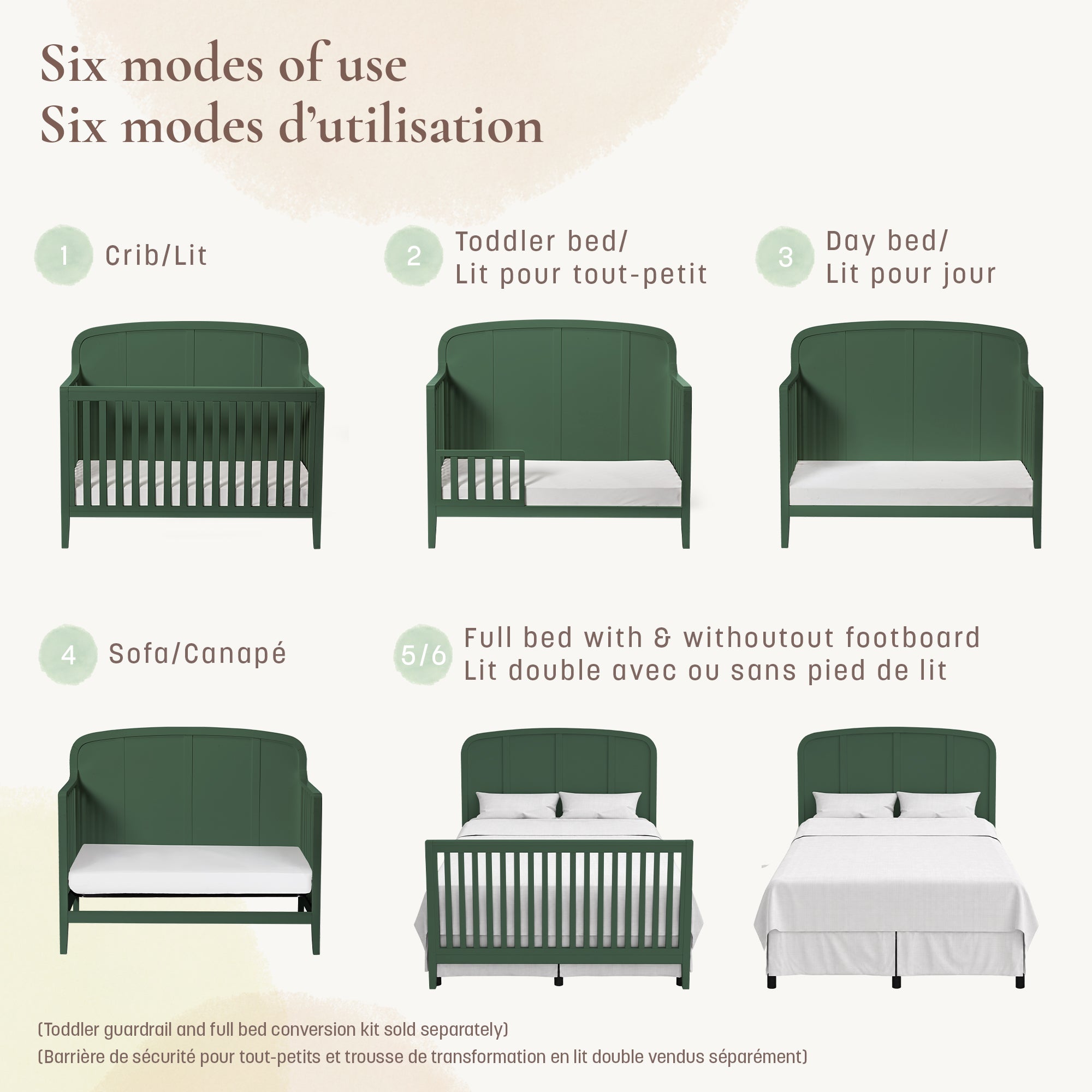 Briar Collection crib showing how it converts into 6 different modes of use from baby crib to full-size bed.