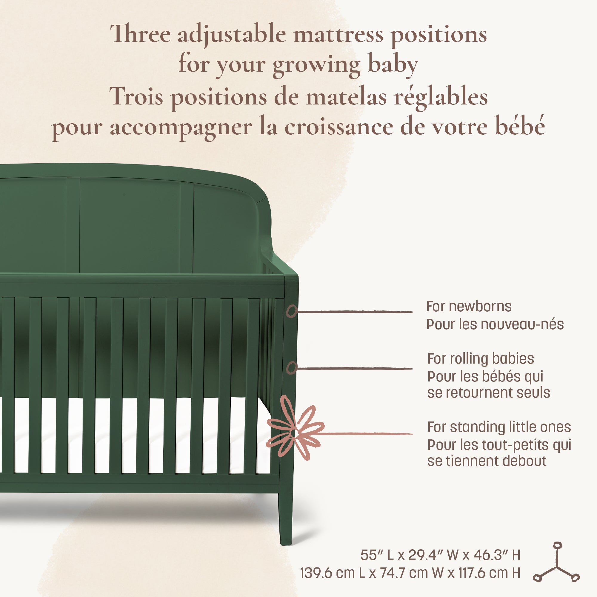 Detailed view of the crib on a white background showcasing the three adjustable mattress positions and dimensions: 55'' L x 29.4 '' W x 46.3 '' H.