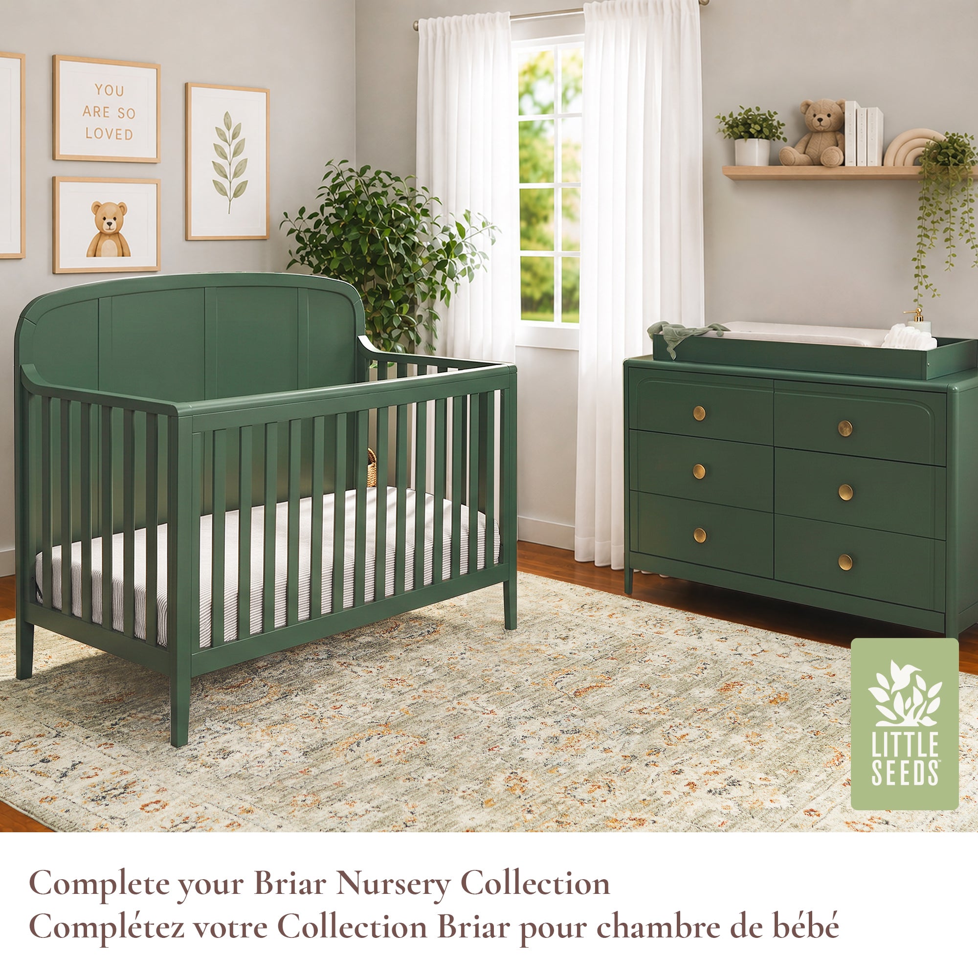 Full Briar Collection nursery suite showing the matching crib & dresser in a beautifully styled, complete room setting.