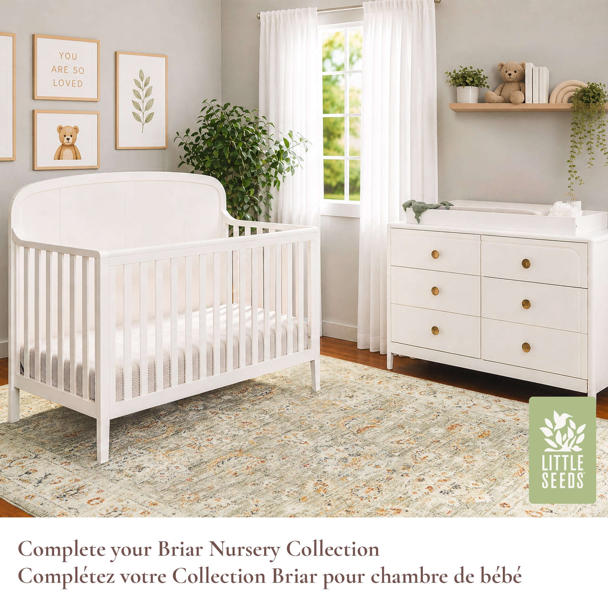 Full Briar Collection nursery suite showing the matching crib and dresser in a styled room setting.
