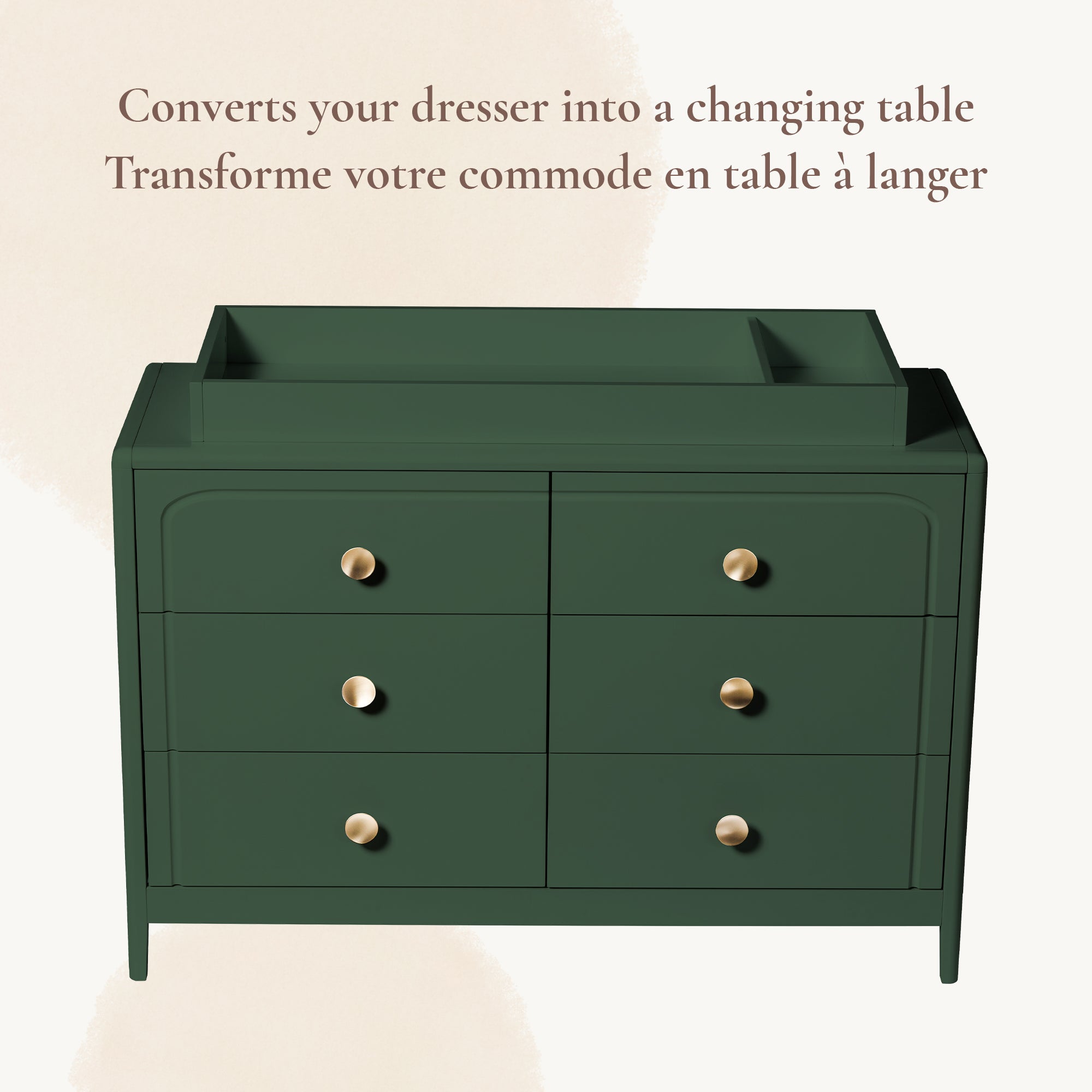 White Briar Collection topper showing how it converts a standard double dresser into a nursery changing station.