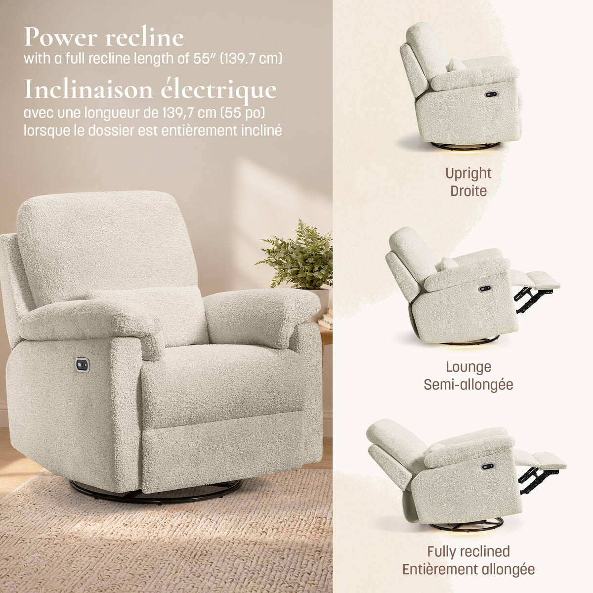 Three-position power recline diagram showing upright, lounge, and fully reclined positions extending to 55 inches.