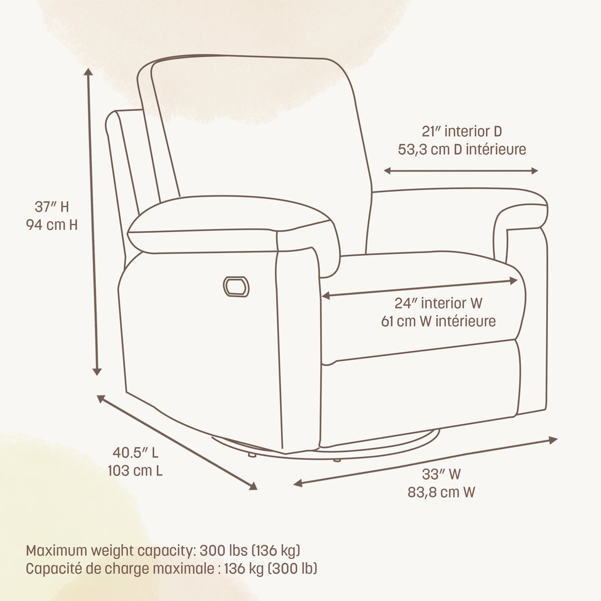 Dimensional diagram of the Bellamy glider showing interior and exterior measurements and 300 lb maximum weight capacity.