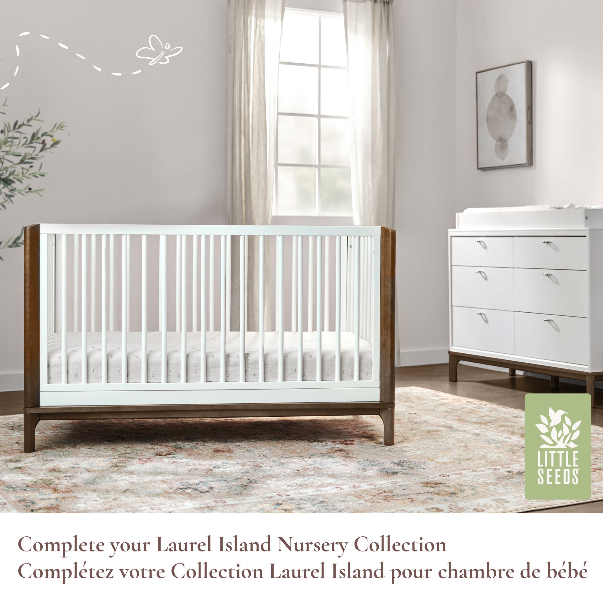 Full Laurel Collection nursery suite showing the matching crib and dresser in a styled room setting.