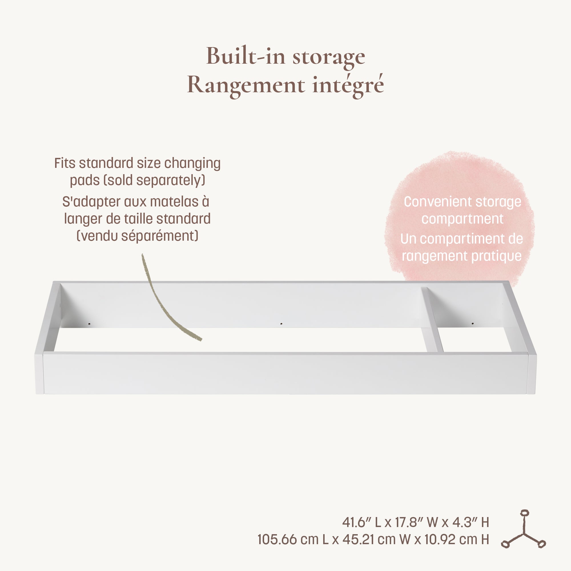 Detailed view of the topper's built-in storage compartment and dimensions: 41.6” L x 17.8” W x 4.3” H.