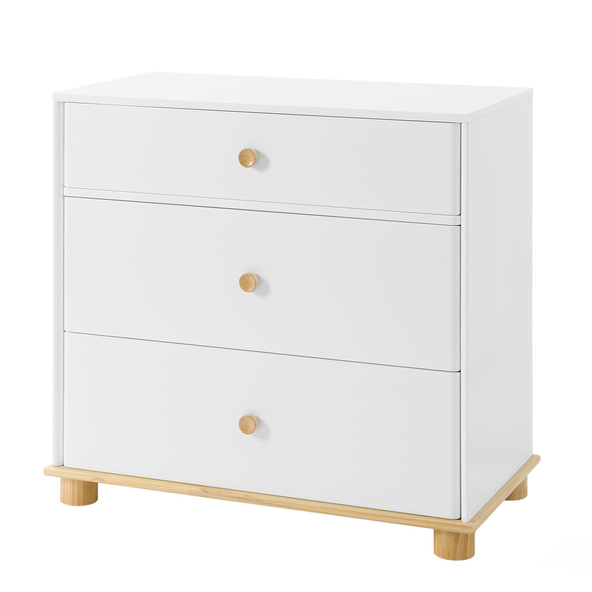 Little Seeds Roo Collection 3-drawer nursery dresser, hero shot on a clean white background showcasing its two-tone natural wood base and tablet-shaped knobs.
