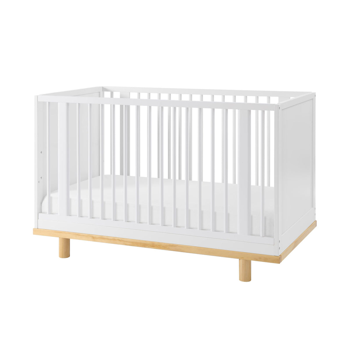 Little Seeds Roo Collection 4-in-1 convertible crib, hero shot on a clean white background showcasing its two-tone base, round spindles, and wide accent slats.