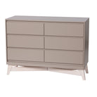 Modern 6-drawer double nursery dresser with cross-beam base and hidden drawer pulls made of solid New Zealand pine.