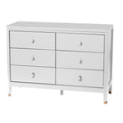 Modern 6-drawer nursery dresser made from solid New Zealand pine, featuring circular wooden knobs, rounded edges, and non-toxic coatings with contrasting wooden tips.