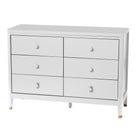 Modern 6-drawer nursery dresser made from solid New Zealand pine, featuring circular wooden knobs, rounded edges, and non-toxic coatings with contrasting wooden tips.