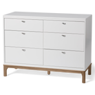 Modern two-tone 6-drawer nursery dresser with staggered drawers and curved metal pulls made of solid New Zealand pine wood.