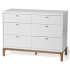 Modern two-tone 6-drawer nursery dresser with staggered drawers and curved metal pulls made of solid New Zealand pine wood.