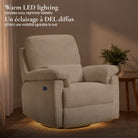 Lifestyle view of the Bellamy recliner in a nursery setting with the warm under-base LED nightlight illuminated.
