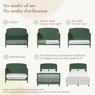 Briar Collection crib showing how it converts into 6 different modes of use from baby crib to full-size bed.