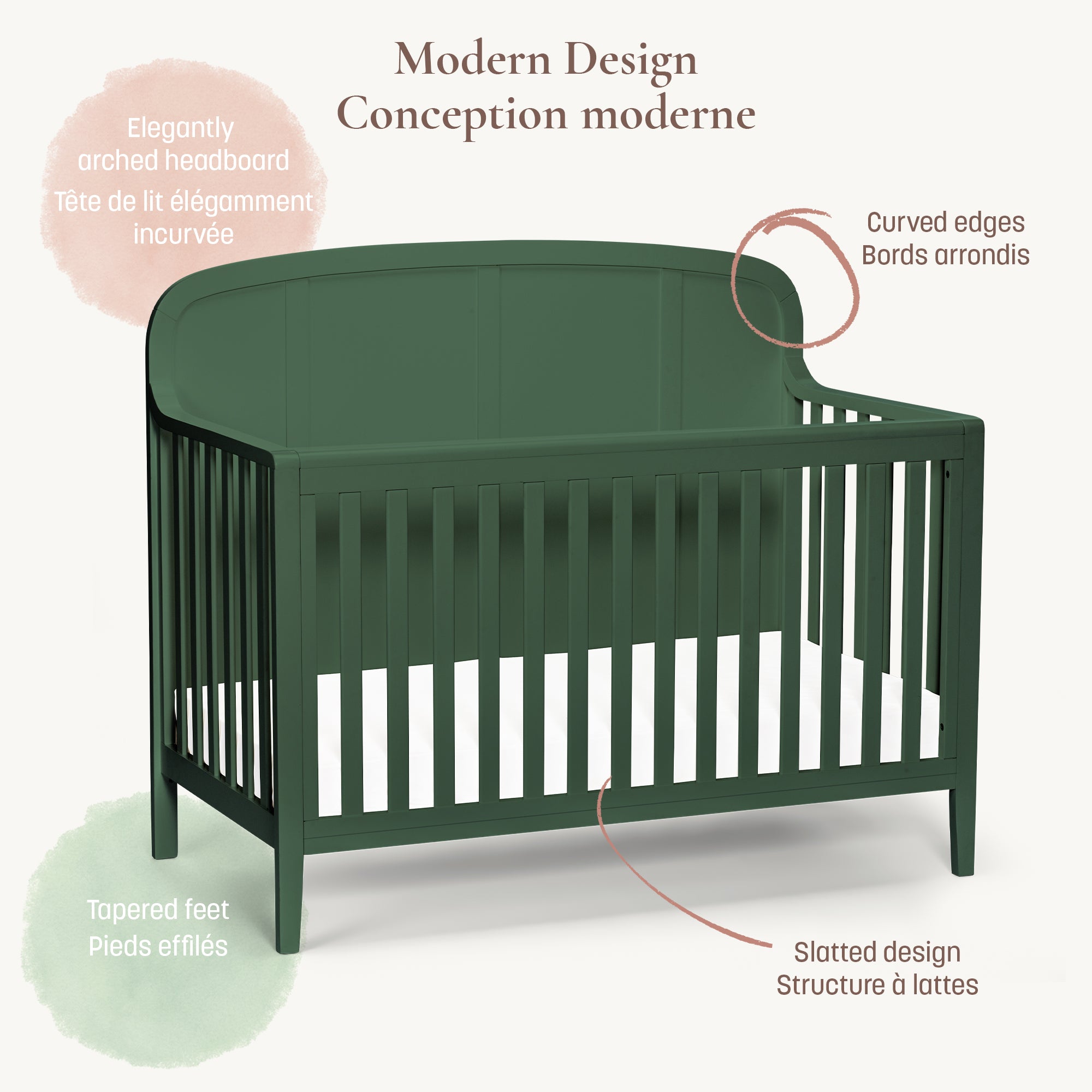Detailed view of the Briar crib on a white background highlighting the arched headboard, curved edges, slatted design, and tapered feet.