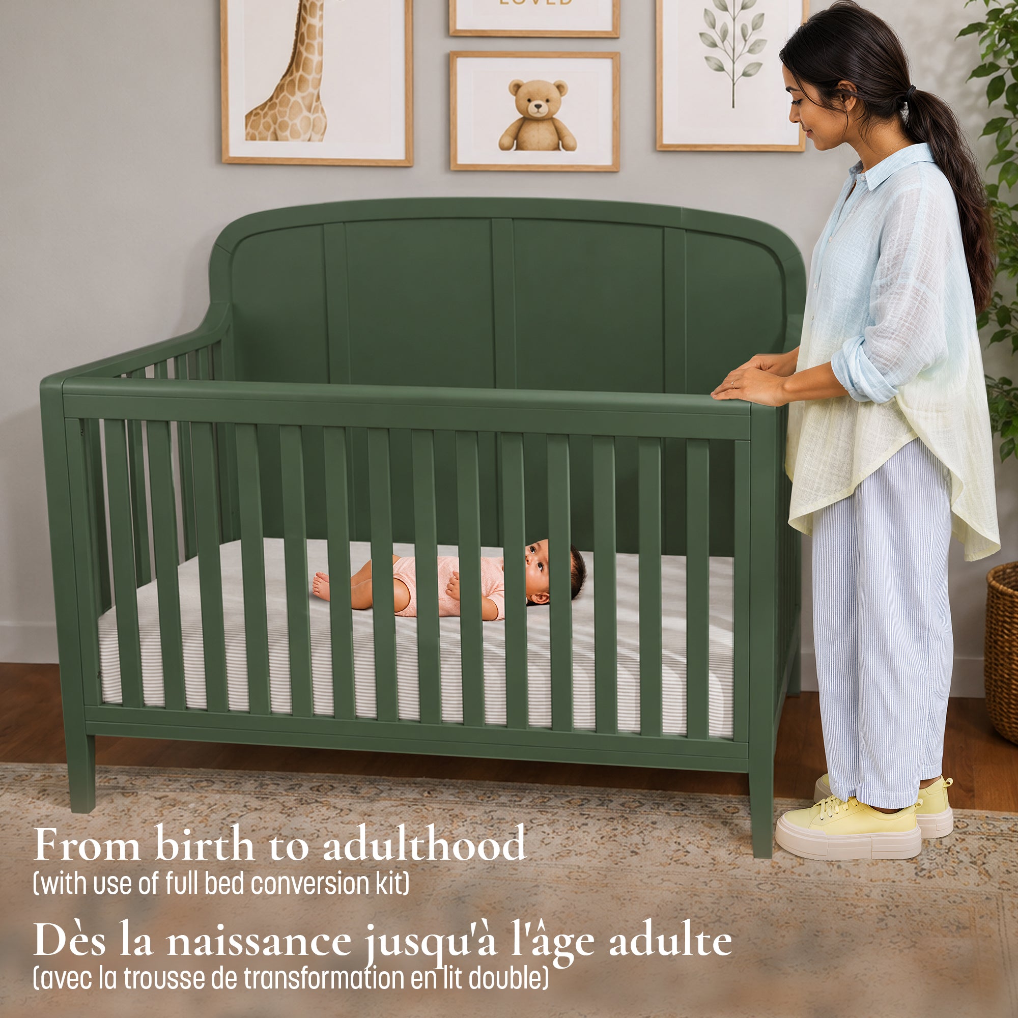 Lifestyle image of a mom and baby showcasing how the Briar convertible crib adapts to their family from birth to adulthood.