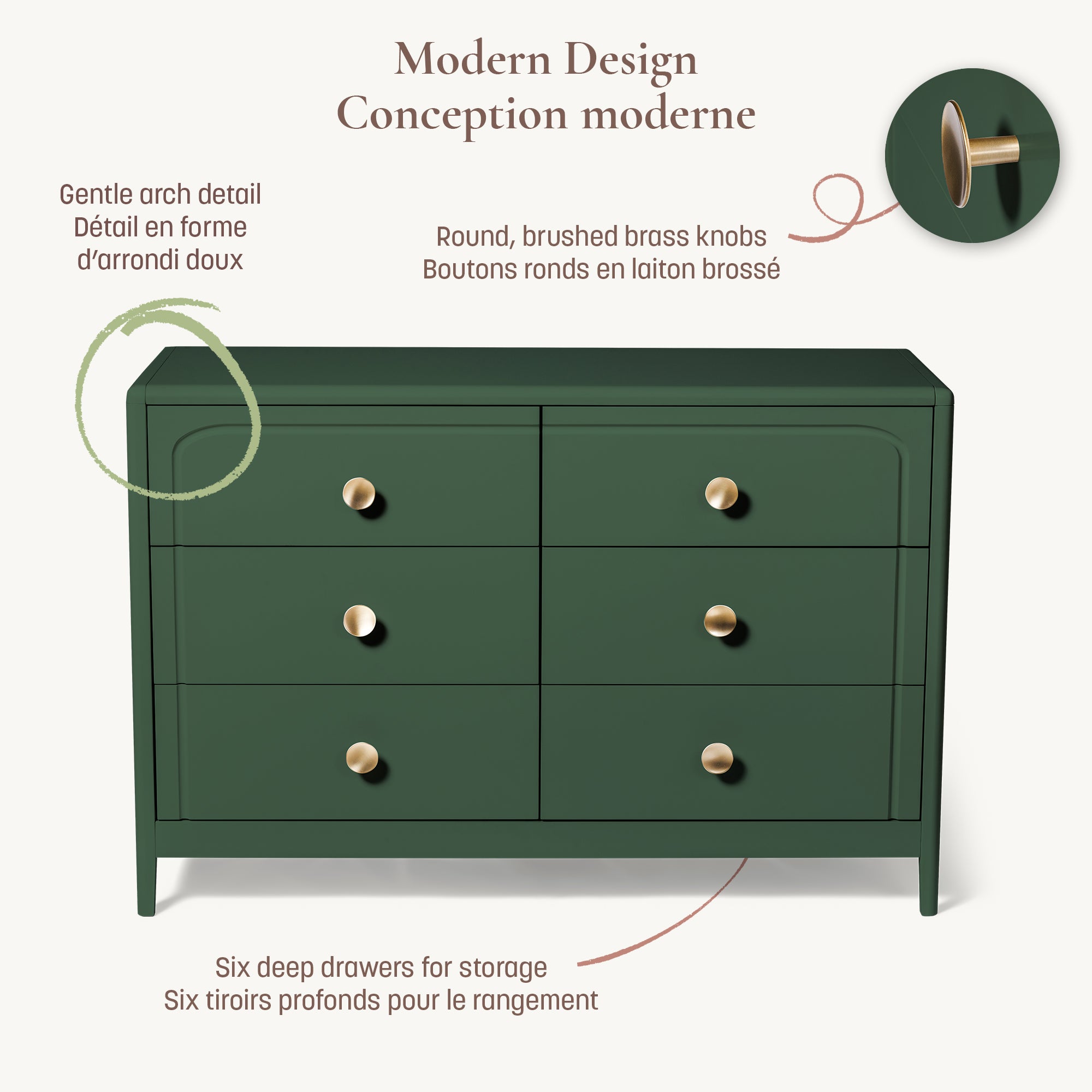 Detailed view of the Briar 6-drawer dresser on a white background highlighting its gentle architectural arch contours and modern drawer design.