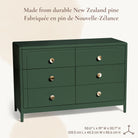 Vertical shot of the Briar nursery dresser calling out its durable New Zealand pine construction and product dimensions: 50.6'' L x 19'' W x 33.7'' H.