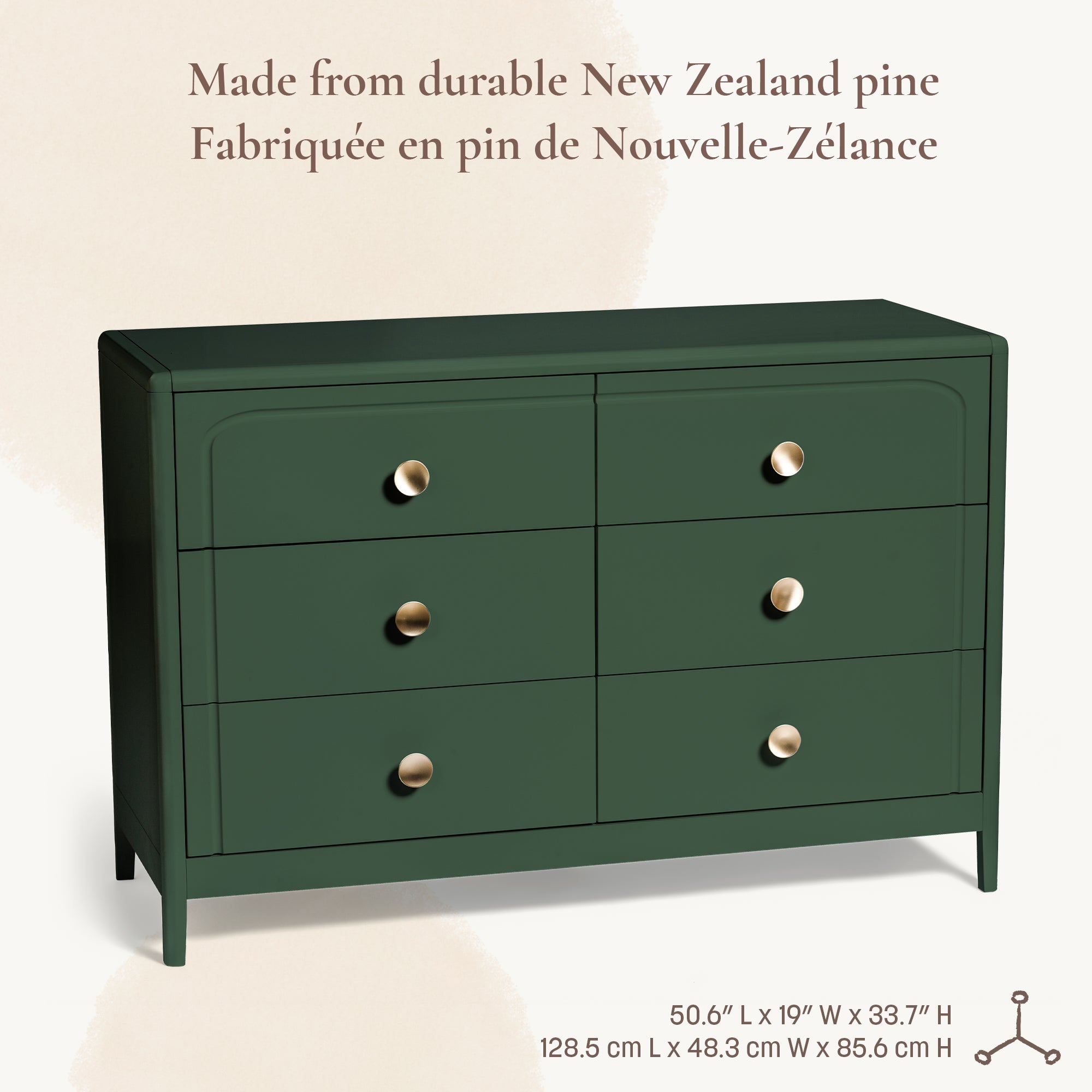 Vertical shot of the Briar nursery dresser calling out its durable New Zealand pine construction and product dimensions: 50.6'' L x 19'' W x 33.7'' H.