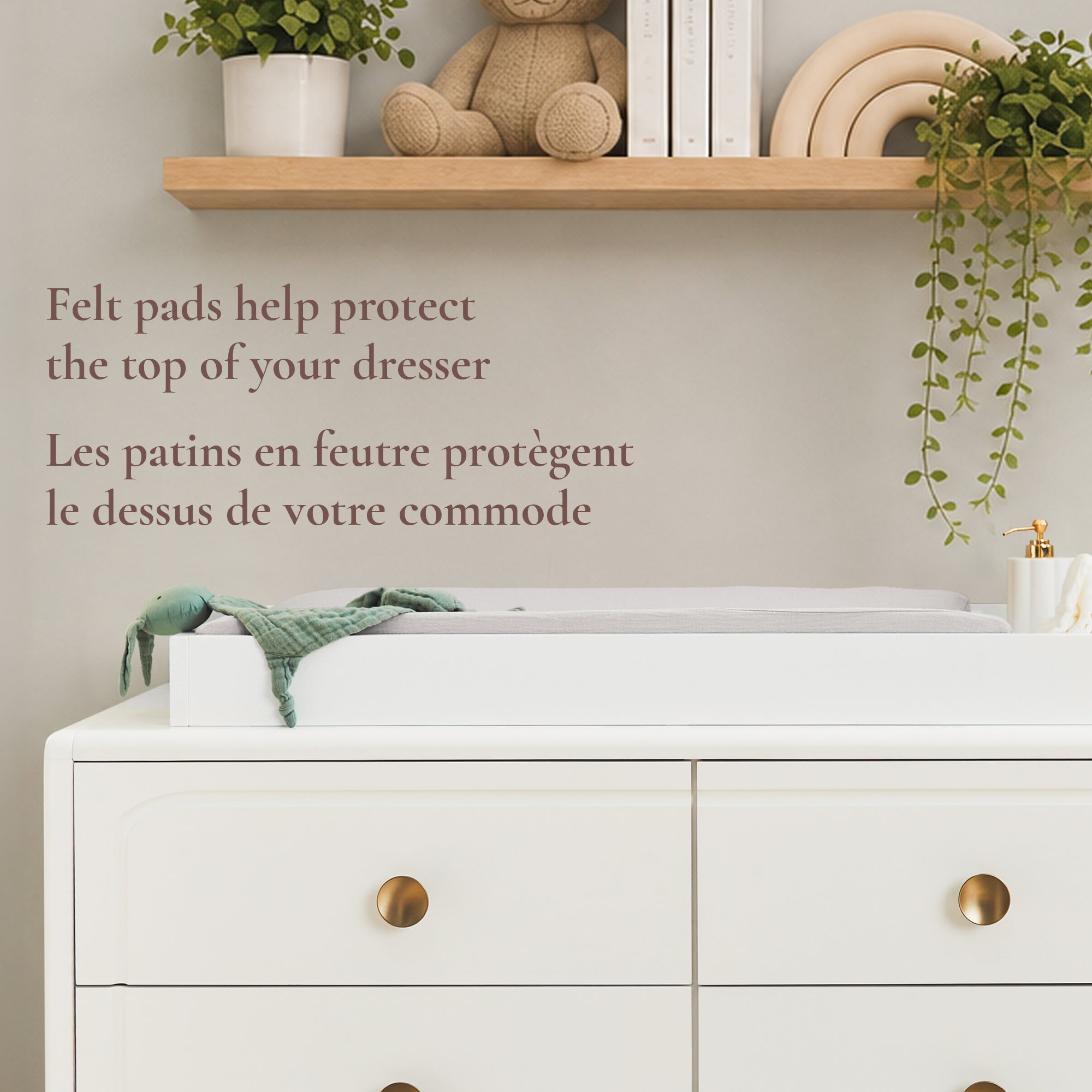 Lifestyle image highlighting the felt pads on the underside of the topper that protect the dresser surface.