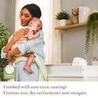 Lifestyle shot of a mom and baby featuring the non-toxic coating and Baby Safety Alliance verification.