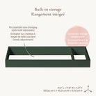 Detailed view of the topper's built-in storage compartment and dimensions: 41.6” L x 17.8” W x 4.3” H.