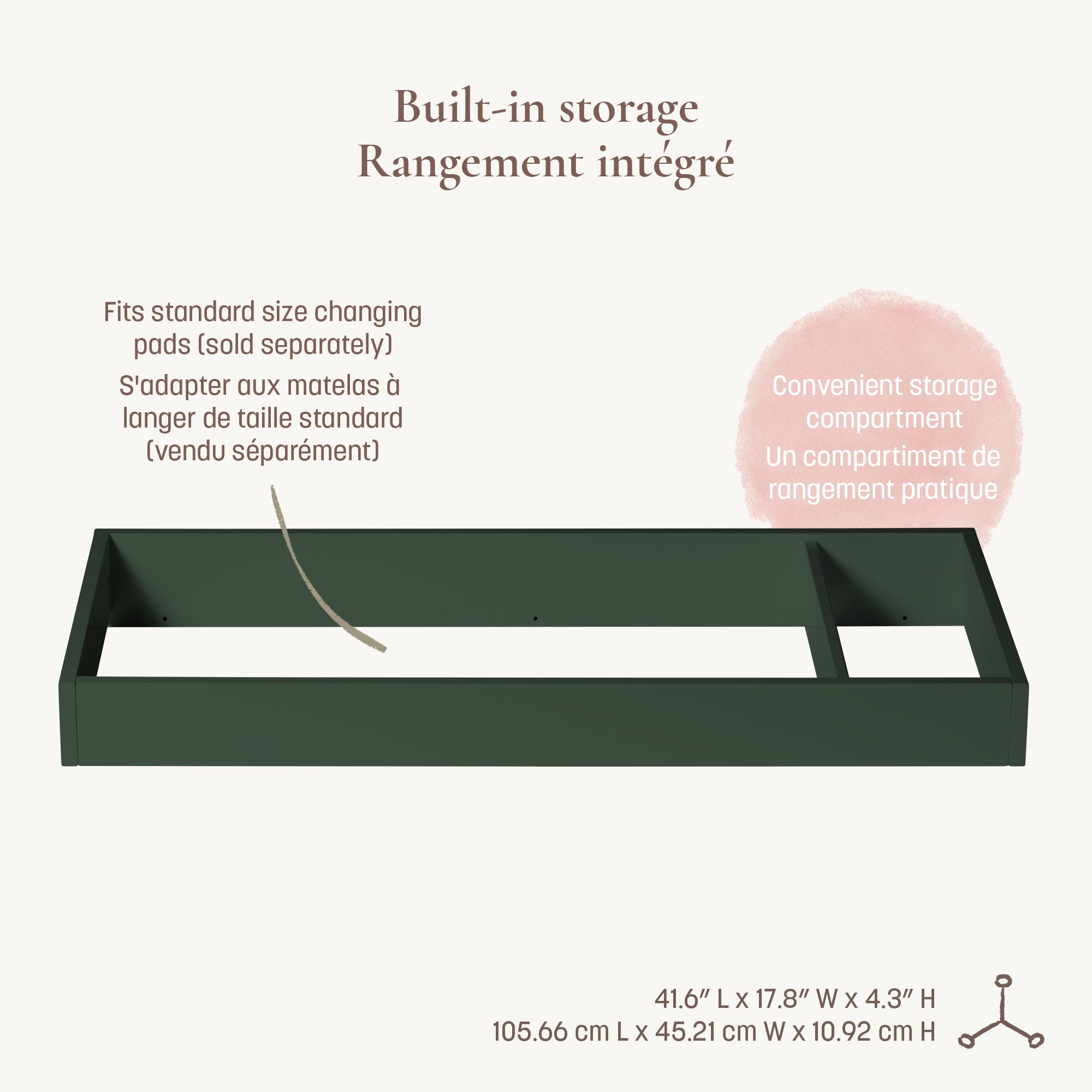 Detailed view of the topper's built-in storage compartment and dimensions: 41.6” L x 17.8” W x 4.3” H.