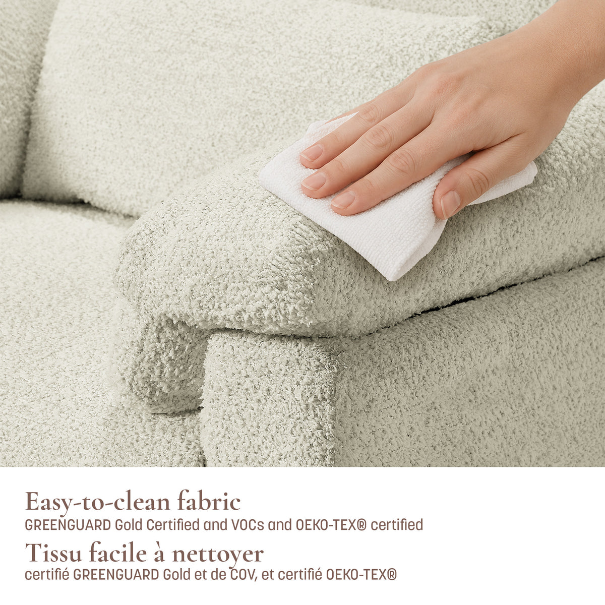Close-up demonstration of cleaning the easy-to-clean, GREENGUARD Gold and OEKO-TEX certified performance fabric.