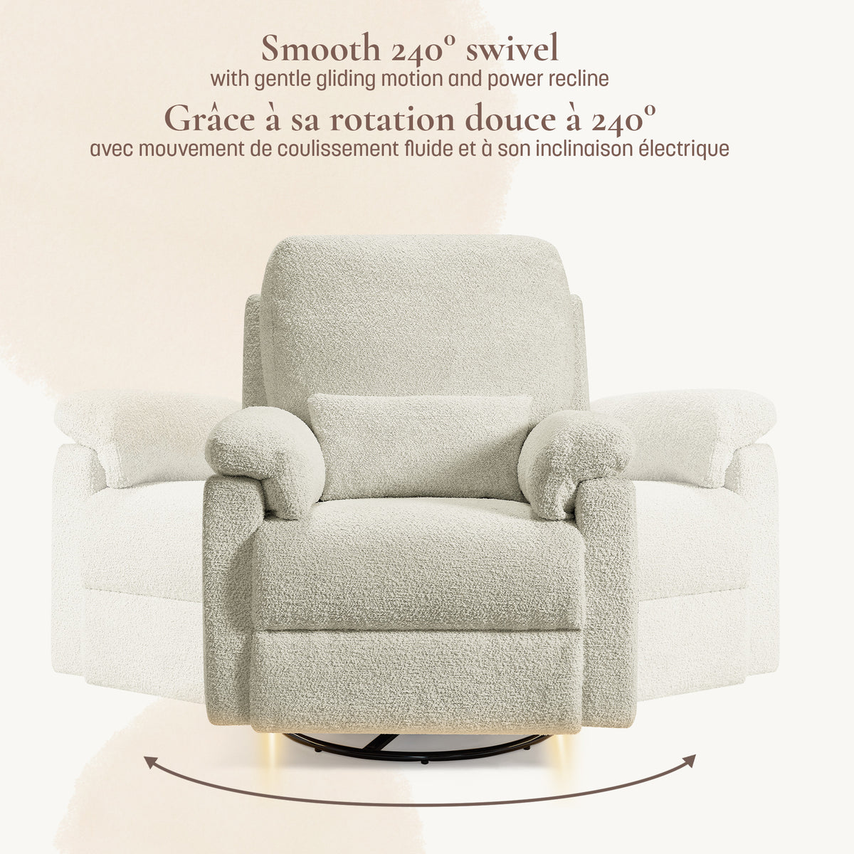 Bellamy recliner demonstrating smooth back-and-forth gliding motion with 240-degree swivel functionality.