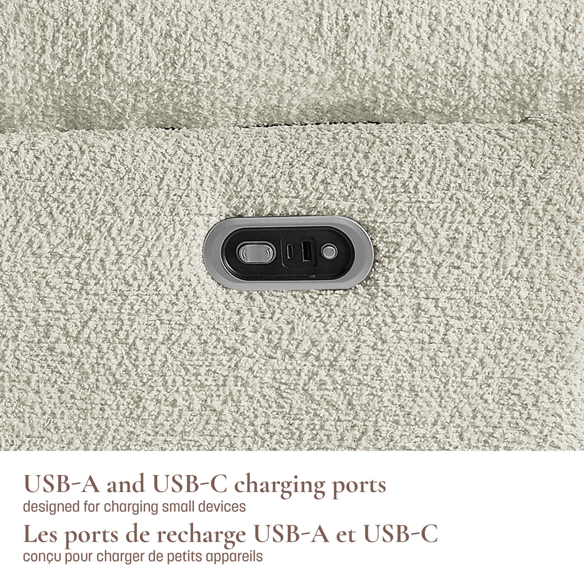 Close-up view of the UL-certified power recline control panel featuring built-in USB-A and USB-C device charging ports.