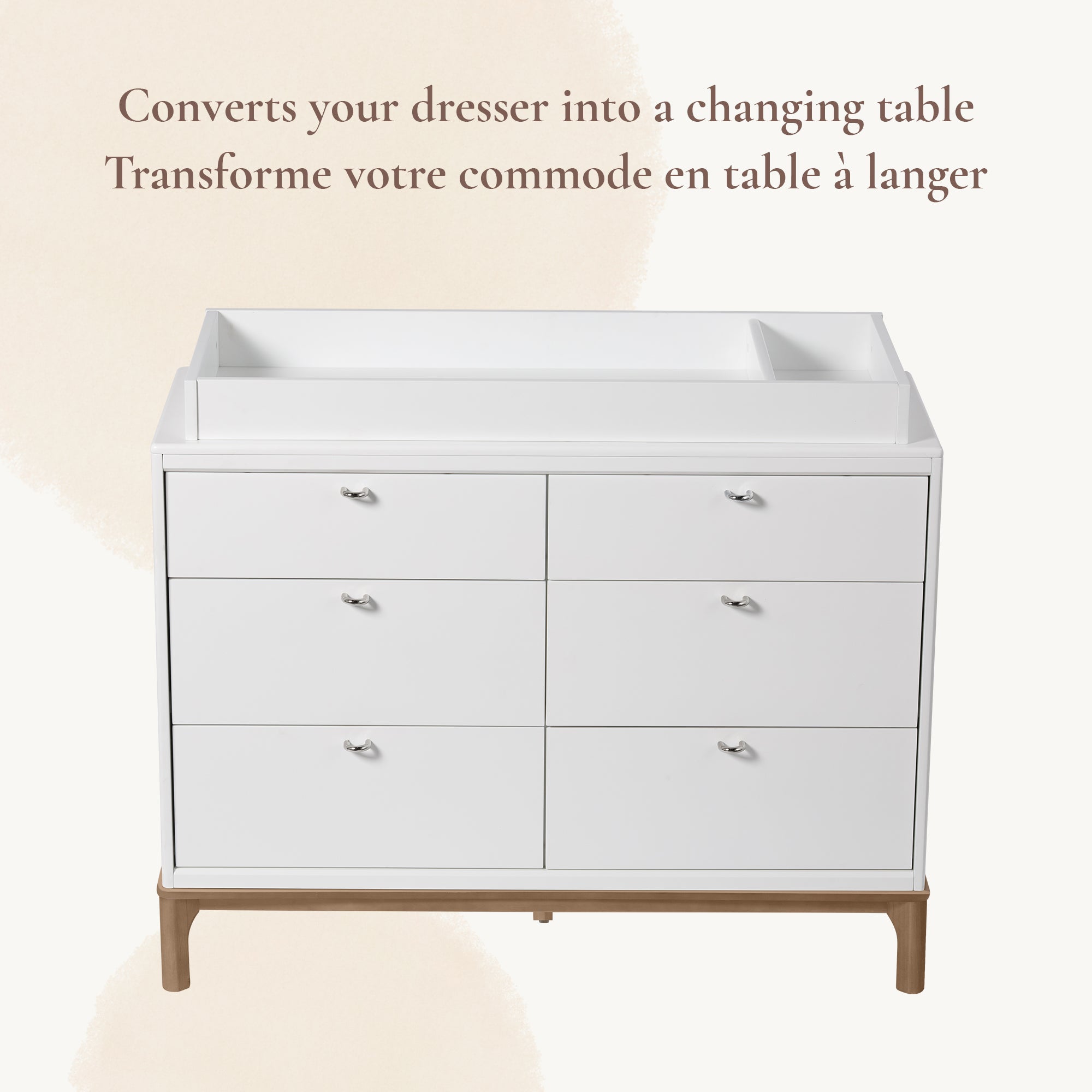 Laurel & Aster Collection topper showing how it converts a standard double dresser into a nursery changing station.