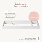 Detailed view of the topper's built-in storage compartment and dimensions: 41.6” L x 17.8” W x 4.3” H.