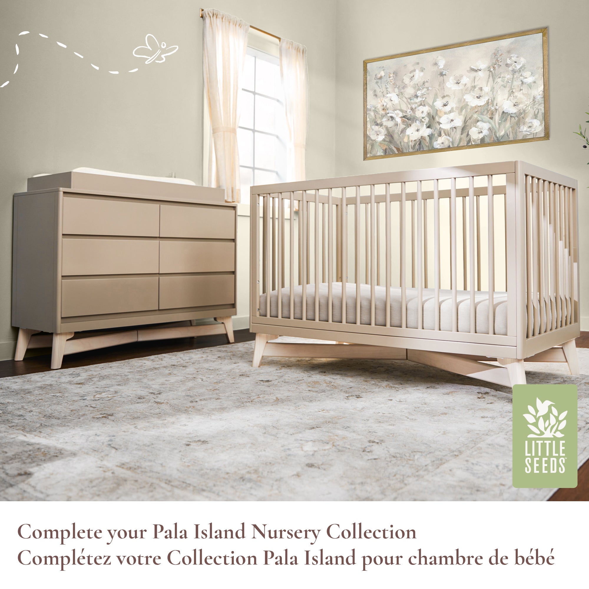 Full Pala Collection nursery suite showing the matching crib and dresser in a styled room setting.