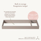 Detailed view of the topper's built-in storage compartment and dimensions: 41.6” L x 17.8” W x 4.3” H.