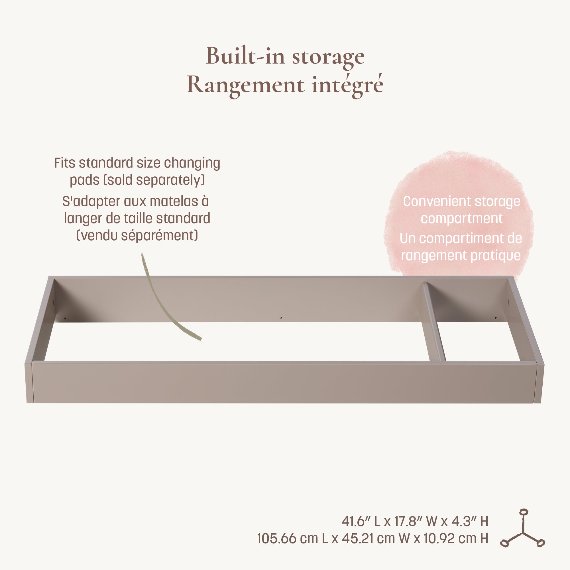 Detailed view of the topper's built-in storage compartment and dimensions: 41.6” L x 17.8” W x 4.3” H.