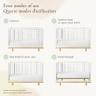 Diagram illustrating the four modes of the Roo crib: standard crib, toddler bed, daybed, and sofa (toddler guardrail sold separately).   