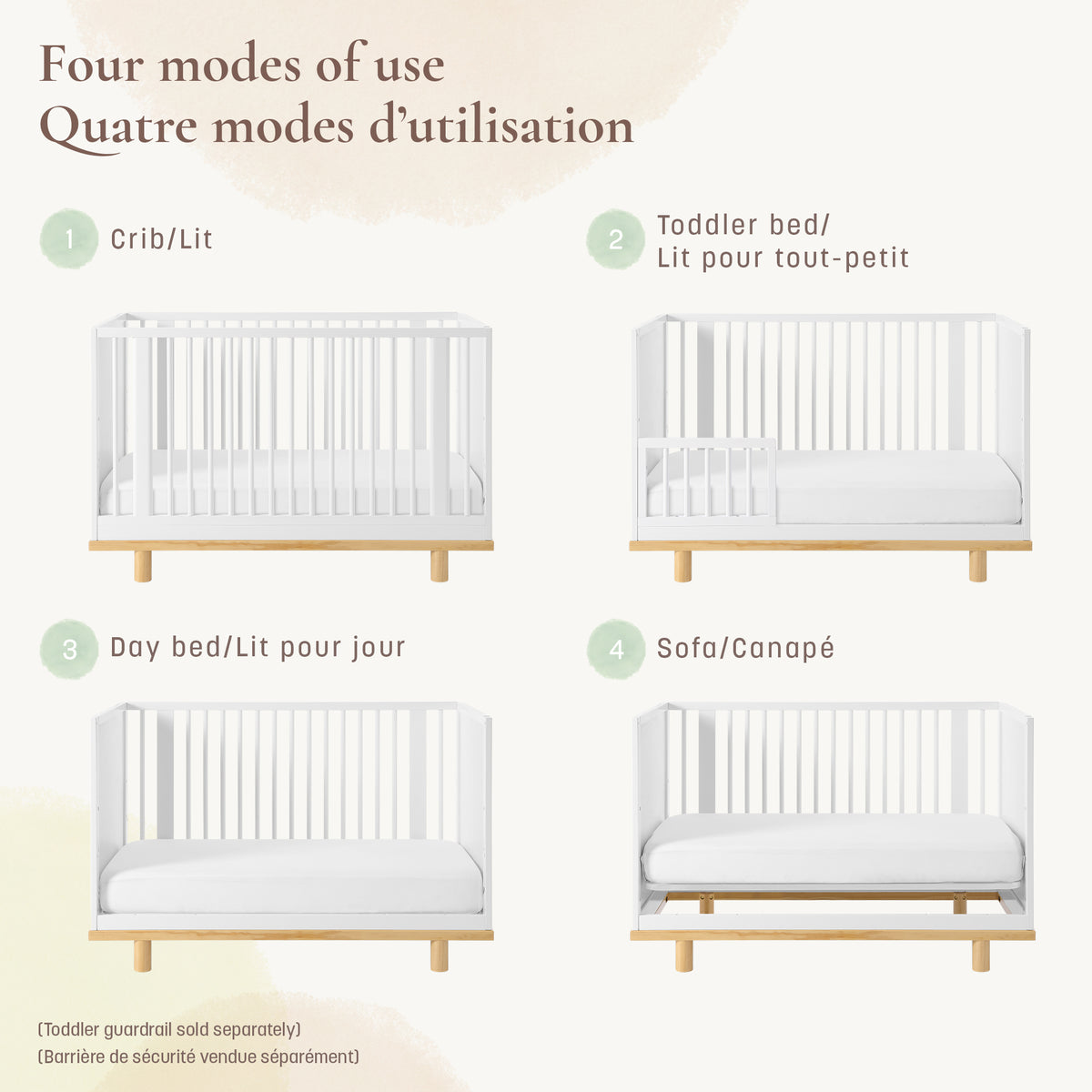 Diagram illustrating the four modes of the Roo crib: standard crib, toddler bed, daybed, and sofa (toddler guardrail sold separately).   