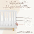 Detailed view displaying the three adjustable mattress positions and overall crib dimensions: 54.25'' L x 30.4'' W x 34.1'' H.   