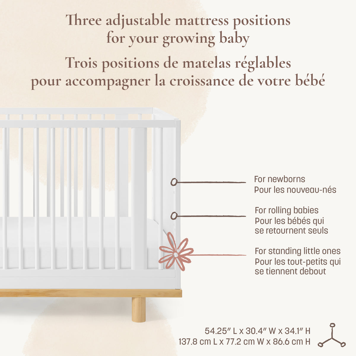 Detailed view displaying the three adjustable mattress positions and overall crib dimensions: 54.25'' L x 30.4'' W x 34.1'' H.   