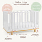 Detailed infographic view highlighting the Roo crib's smooth round spindles, wide accent slats, solid end panels, and cylindrical feet.