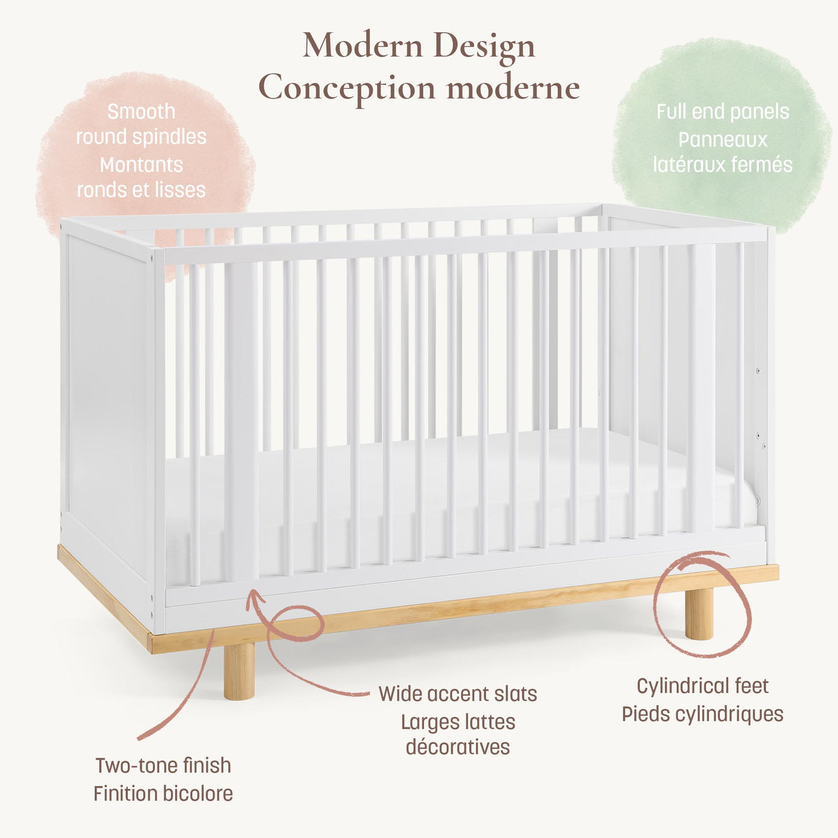 Detailed infographic view highlighting the Roo crib's smooth round spindles, wide accent slats, solid end panels, and cylindrical feet.