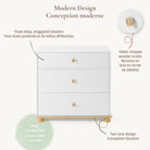 Detailed infographic view of the Roo 3-drawer dresser highlighting its modern two-tone design, tablet-shaped wooden knobs, and wide rounded feet.