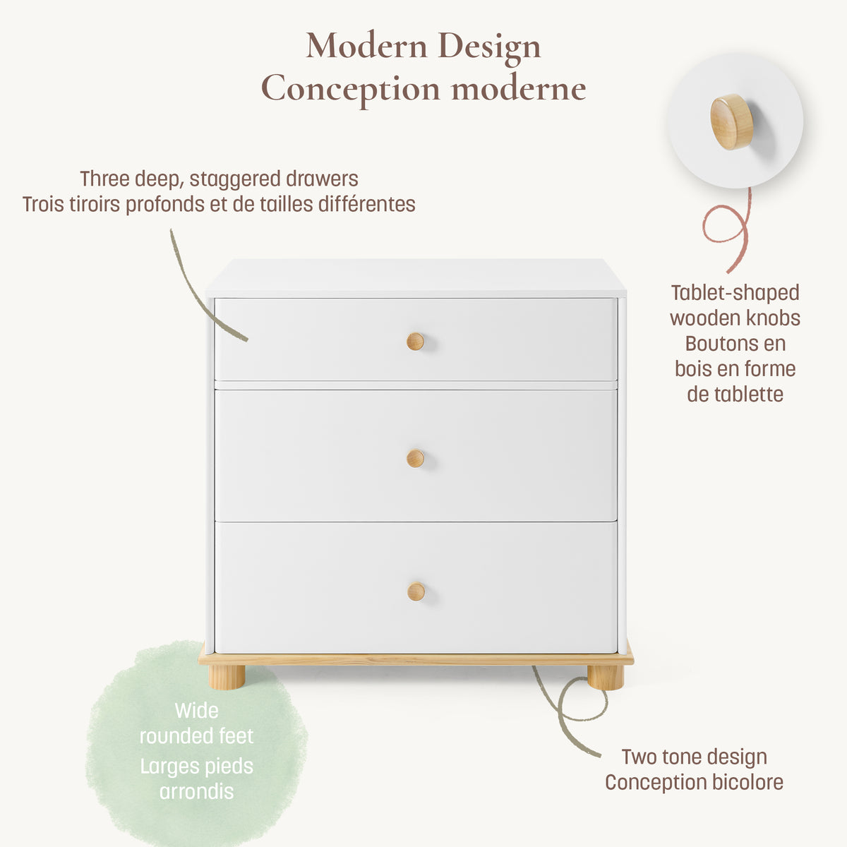 Detailed infographic view of the Roo 3-drawer dresser highlighting its modern two-tone design, tablet-shaped wooden knobs, and wide rounded feet.