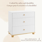 Detailed shot of the Roo nursery dresser calling out its safety, durability, and product dimensions: 37.2'' L x 19.8'' W x 34.4'' H.