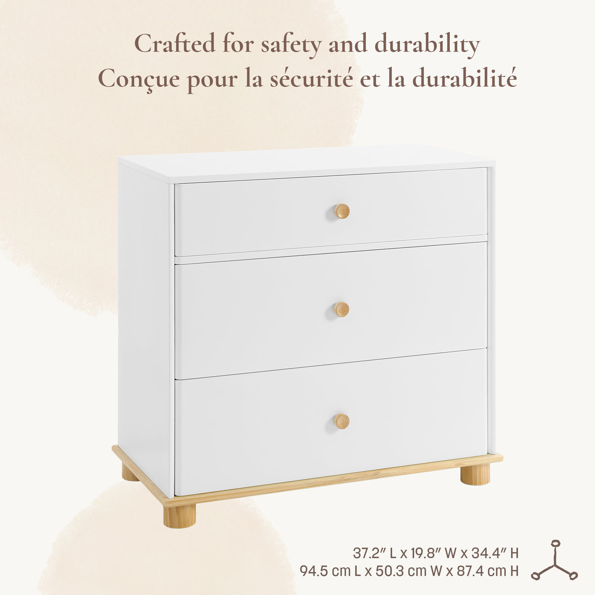 Detailed shot of the Roo nursery dresser calling out its safety, durability, and product dimensions: 37.2'' L x 19.8'' W x 34.4'' H.